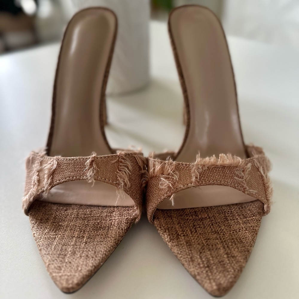 Chic Textured Mules | Frayed Edge Pointed Toe Heels